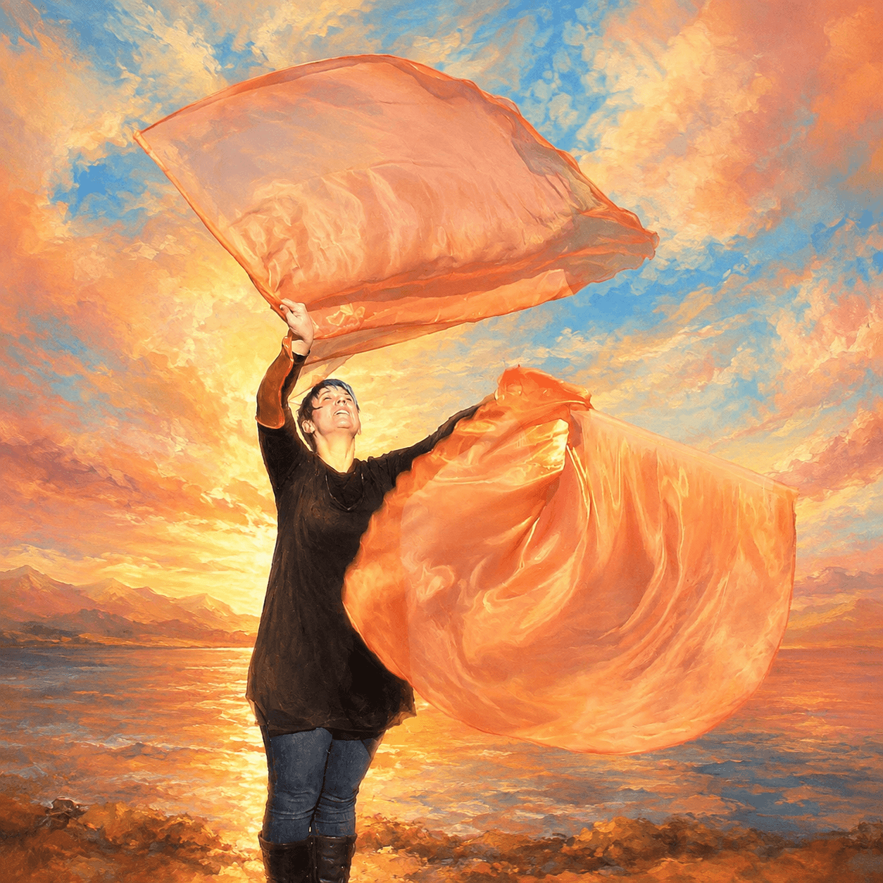 Worshipper lifting two flowing orange worship flags against a colorful painterly sunset, illustrating the biblical meaning of orange through fire, endurance, creativity, praise, and Spirit-led worship.