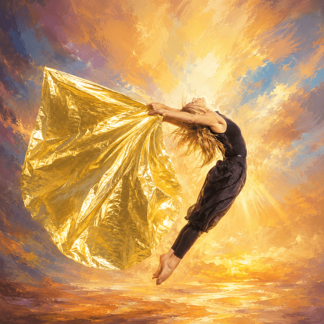Painterly image of a female worship dancer lifting a flowing gold metallic worship flag in radiant golden light, symbolizing the biblical meaning of gold, God’s glory, divine presence, honor, and prophetic worship.