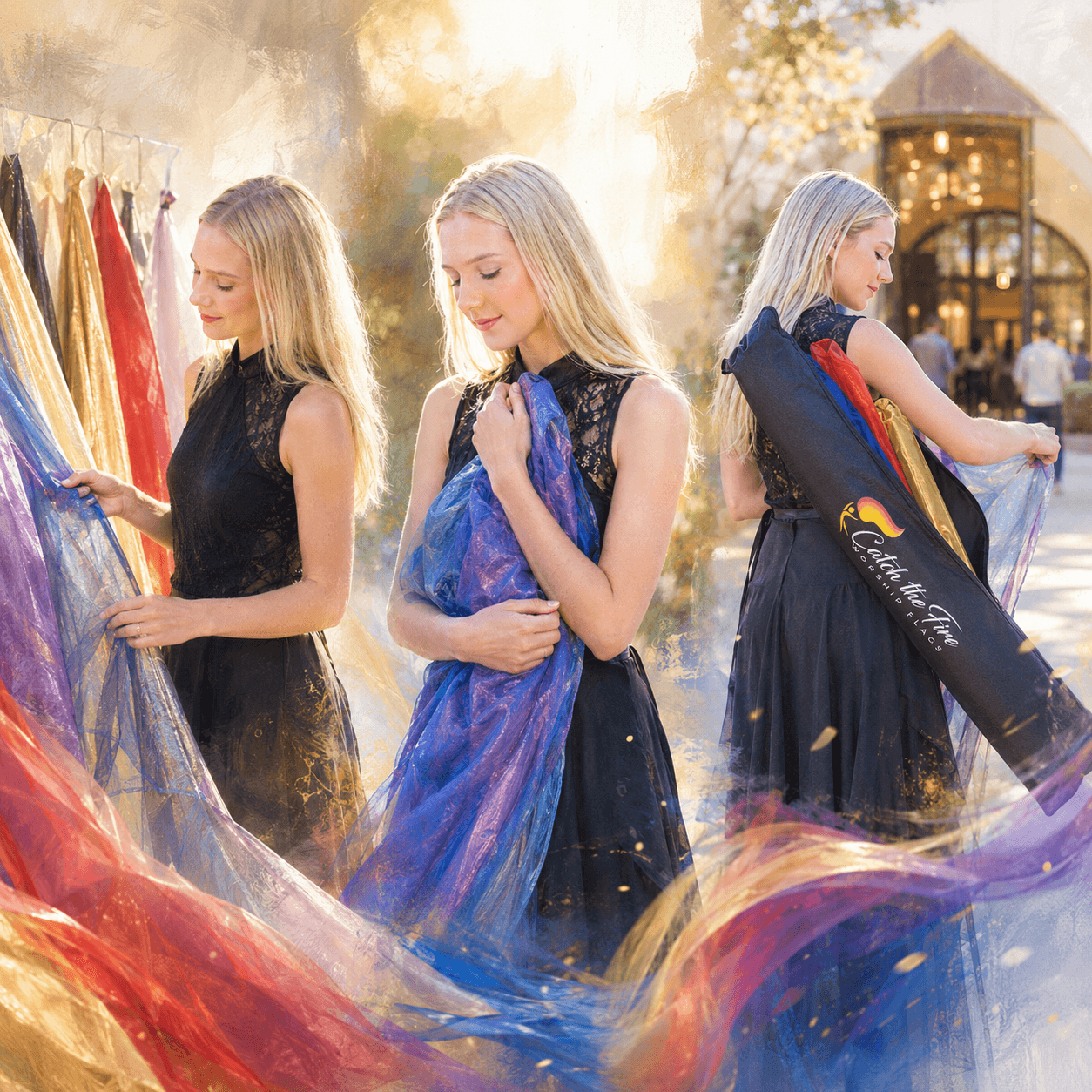 Painterly triptych of a woman comparing worship flag fabrics, prayerfully choosing a flag, and carrying colorful worship flags in a Catch the Fire flag bag to church, illustrating how to buy, protect, and transport worship flags.