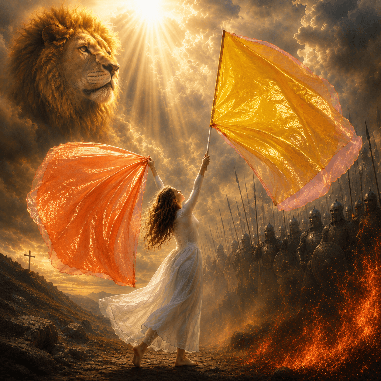 Illustration of a woman worshipping with flowing worship flags beneath the Lion of Judah, surrounded by heavenly armies and consuming fire, symbolizing the names of God revealed through worship, intercession, and prophetic declaration.