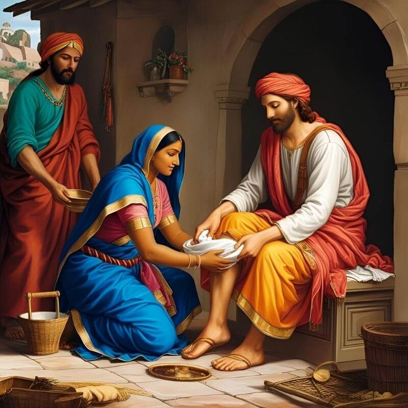 A woman kneeling to wash Jesus’ feet with a cloth, inspired by the biblical story of the alabaster jar, representing extravagant love, surrender, and creative worship.