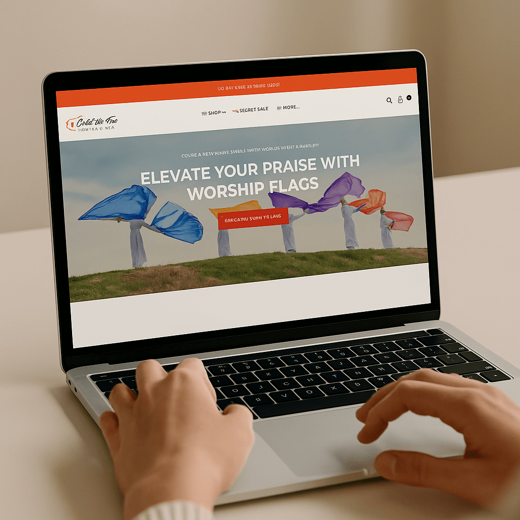 Person browsing the Catch the Fire Worship Flags homepage on a laptop, viewing the “Elevate Your Praise with Worship Flags” banner featuring dancers with flowing worship flags.