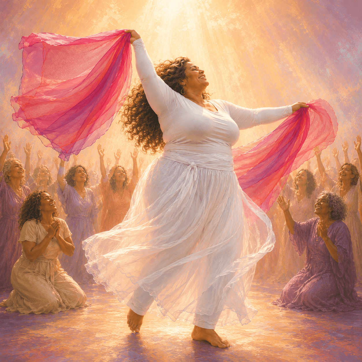 Curvy woman ministering with flowing pink and purple worship flags during corporate worship as women of different ages, sizes, and ethnicities praise behind her, illustrating freedom from body shame and confidence in worship.