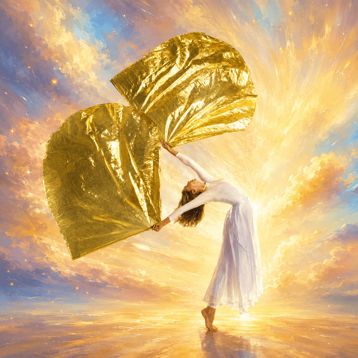 Worship dancer ministering with two flowing gold metallic worship flags against a radiant painterly sky, illustrating the prophetic meaning of worship flags as visible declarations of God’s glory, direction, identity, and Kingdom authority.