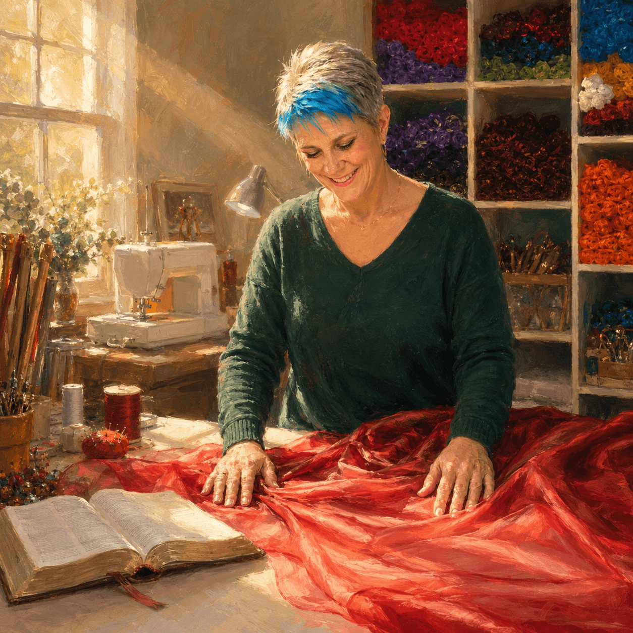Painterly blog cover image of worship flag maker Andrea York prayerfully resting both hands on red worship flag fabric in her workshop, illustrating the Bezalel principle and the anointing of the maker.
