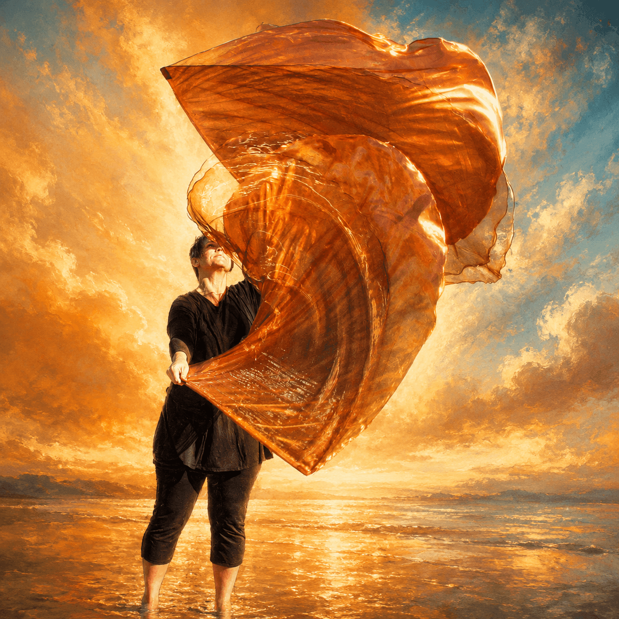 Worshipper ministering with flowing bronze worship flags against a radiant painterly sky, illustrating the biblical meaning of bronze as strength, judgment, purification, and endurance.