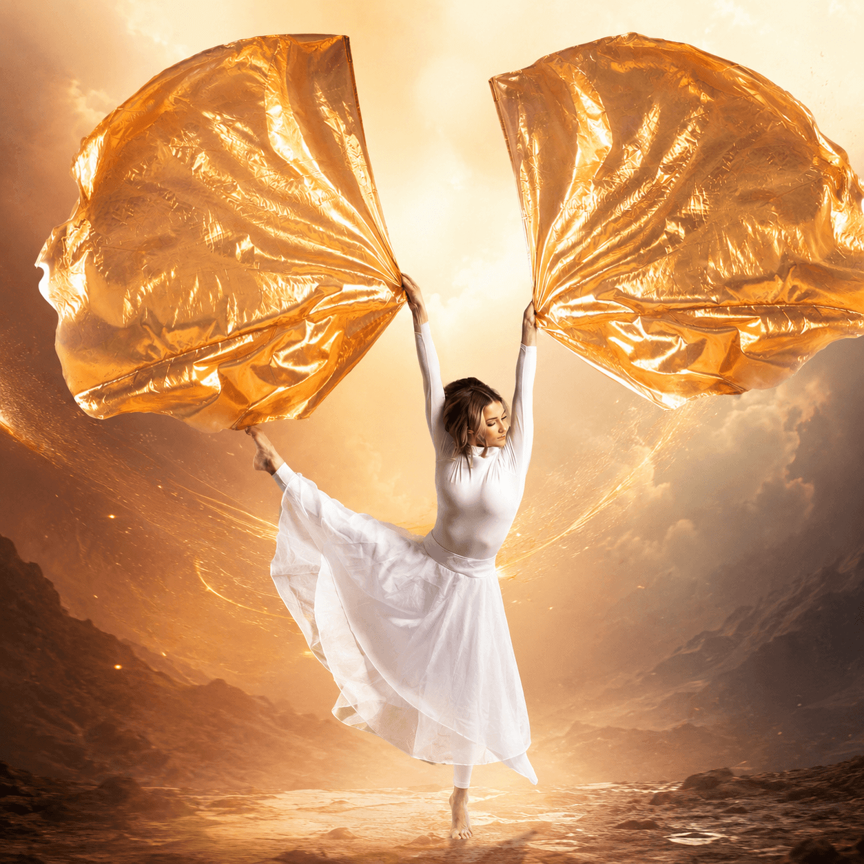 Female worship dancer lifting two copper metallic worship flags against a radiant, fire-refined landscape, symbolizing biblical copper, holiness, endurance, righteous judgment, and prophetic worship.