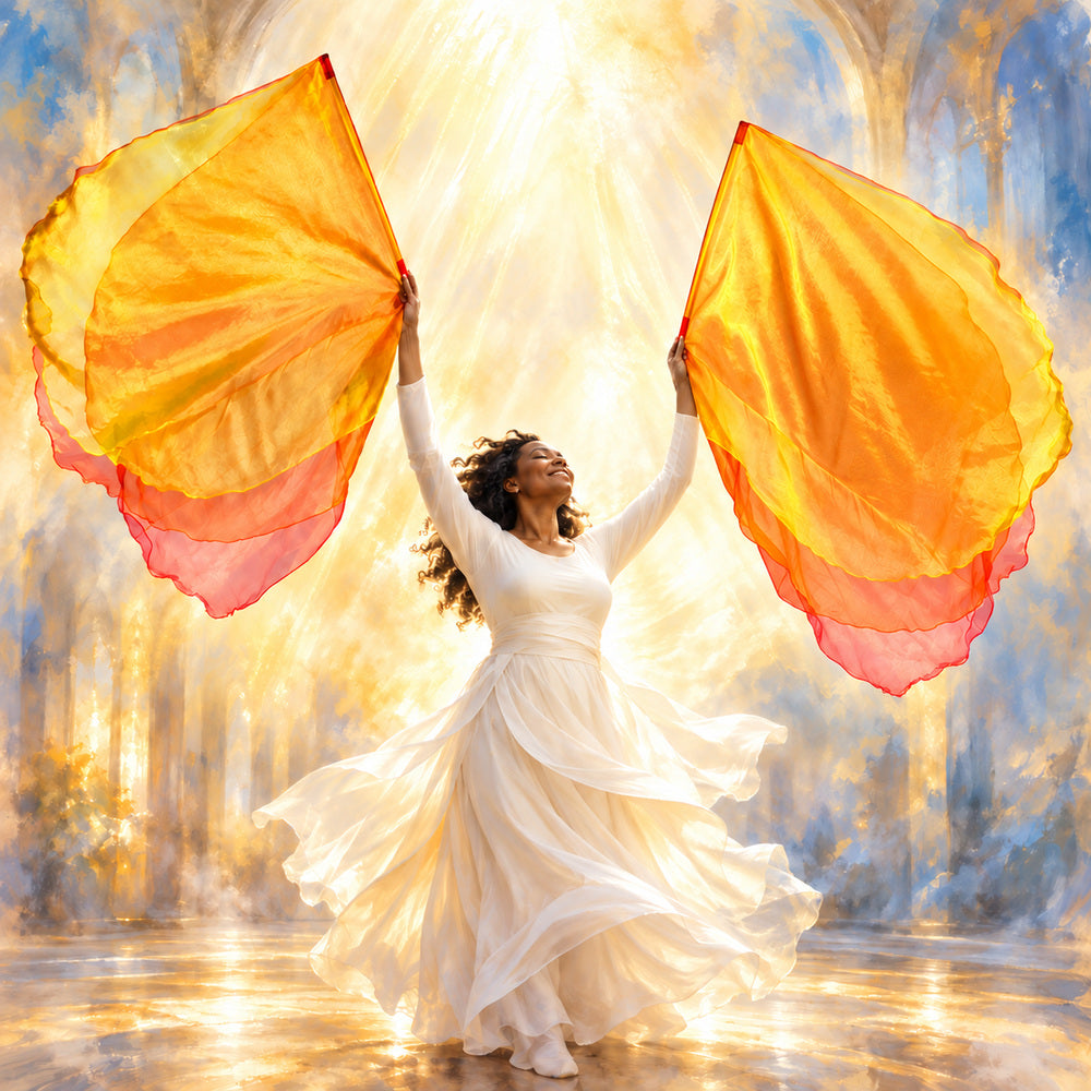 Worshipper in white lifting orange, yellow and red multi-layer worship flags in golden light, showing flag colors and their meanings for worship