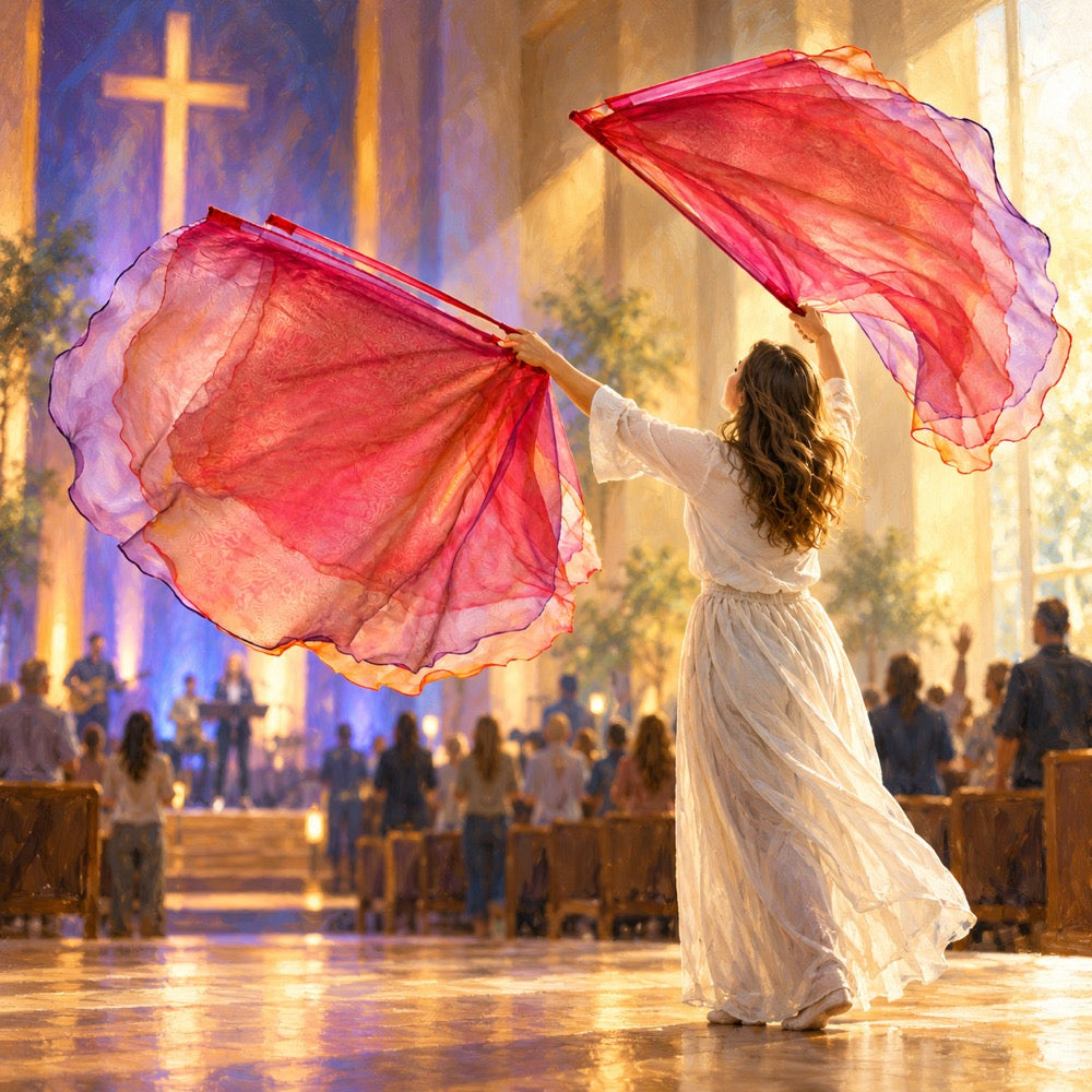 A worshipper uses purple and coral Beautiful Offering worship flags in a sunlit church sanctuary, with the congregation beyond.