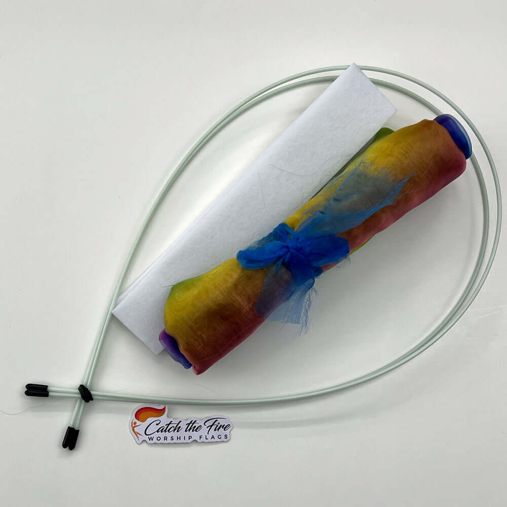 DIY Rainbow Sheer Worship Flag Kit includes pre-cut fabric, flexible quiver poles, and pole pocket lining. Perfect for Spirit-led praise, worship, and prophetic dance.