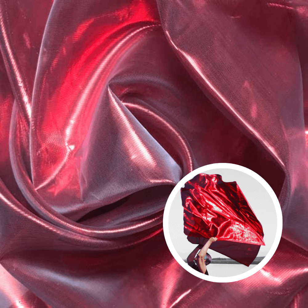 Deep red worship flag fabric with a dancer holding red flags, symbolizing the blood of Jesus, atonement, and extravagant love.