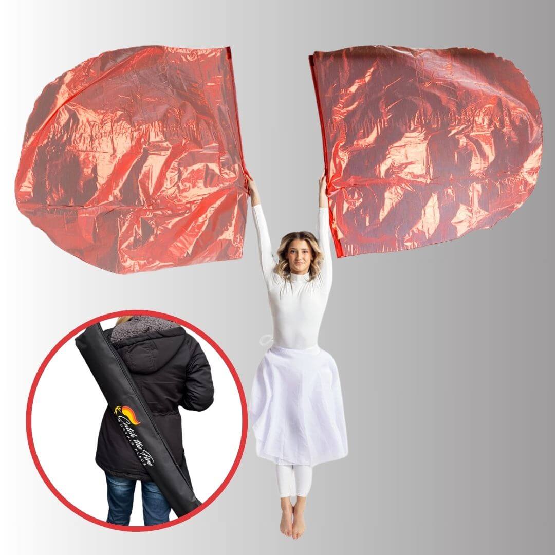 Woman dancing with red metallic worship flags, lifting up banners in flowing prophetic movement, showcasing faith and worship durable storage bag for church or stage dance