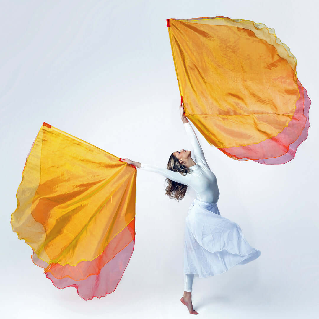 Triple-layer Fire Worship Flags in red, orange, and yellow for praise dance and prophetic worship