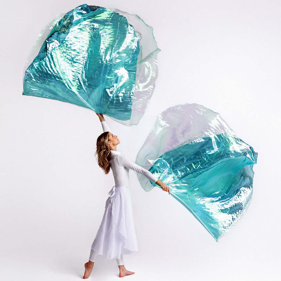 Before the Throne Worship Flags in green and blue flowing fabric, used in throne room worship