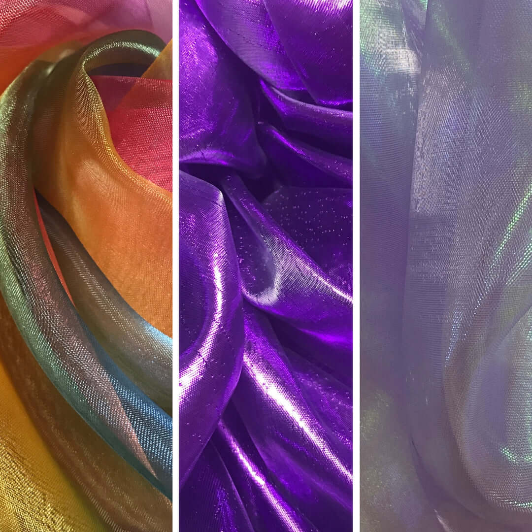 Three shimmering fabric swatches are displayed side by side. The left panel features a swirl of rainbow-colored fabric with visible tones of yellow, orange, red, and teal. The center panel shows a deep, vibrant purple fabric with a metallic sheen and small glimmers scattered throughout. The right panel presents a soft lilac fabric with an iridescent glow, reflecting hints of green and pink under the light.