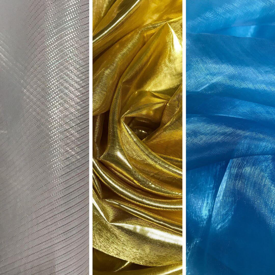 Sheer, shimmering fabric in crystal, gold, and blue hues for praise dancing and worship flags, perfect for prophetic movement.
