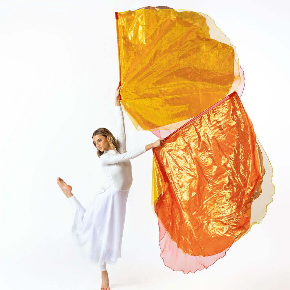 Triple layer Consuming Fire Worship Flags in red, copper, and yellow flowing in movement