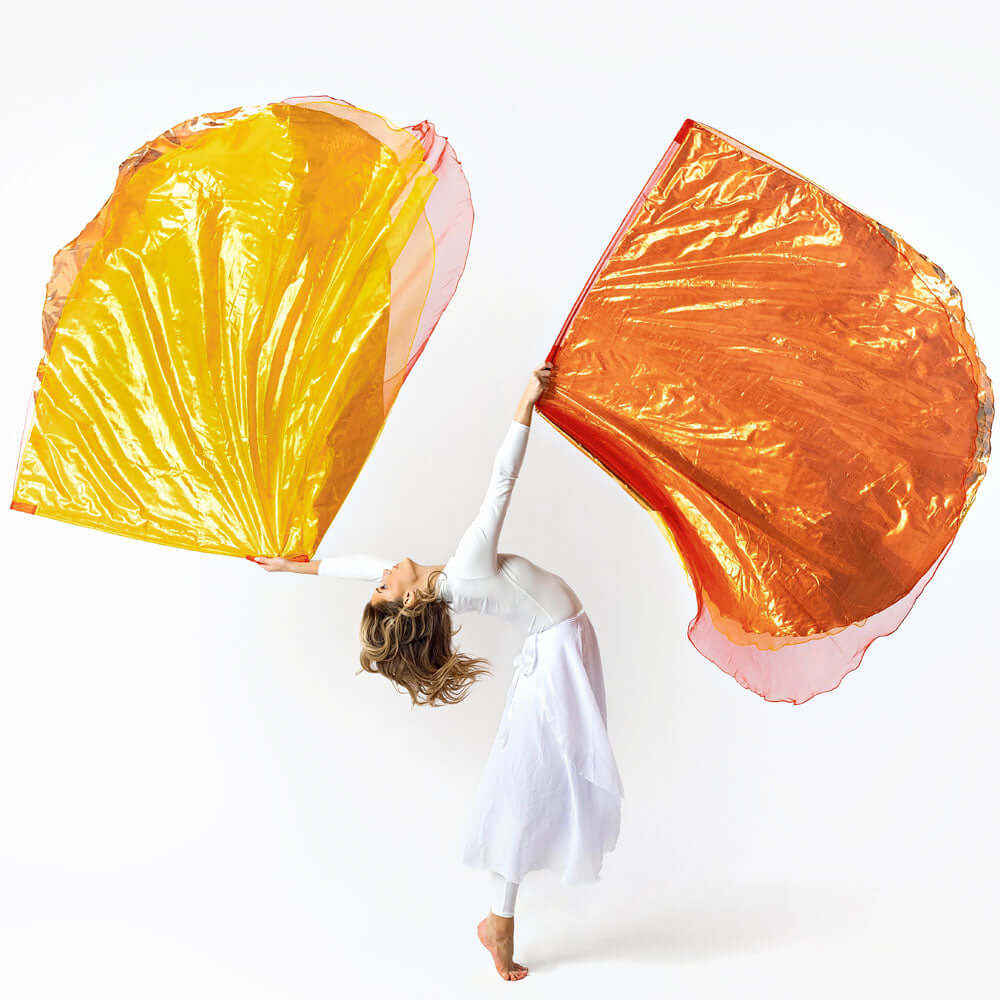 Triple layer Consuming Fire Worship Flags in red, copper, and yellow flowing in movement
