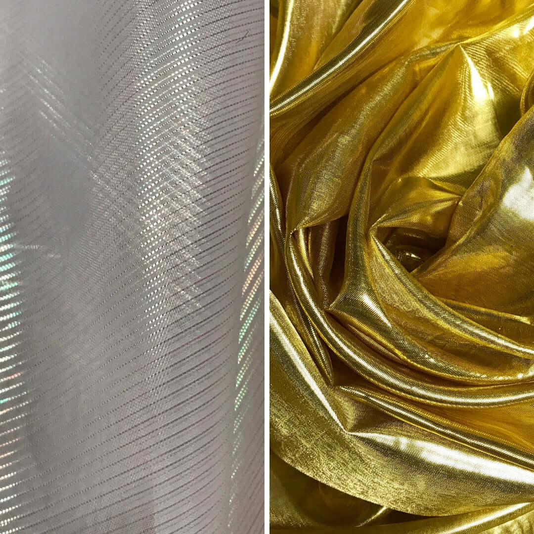 Close-up of two fabric types side by side. On the left is a sheer crystal-colored fabric with subtle rainbow iridescence and diagonal ribbed texture. On the right is a richly shimmering gold fabric with deep folds that catch the light, creating a luxurious and radiant appearance.
