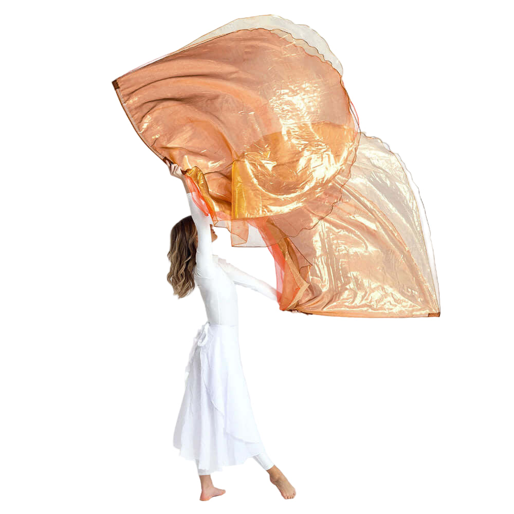 Triple-layer Lion of Judah Worship Flags in bronze, gold, and red shimmering in movement