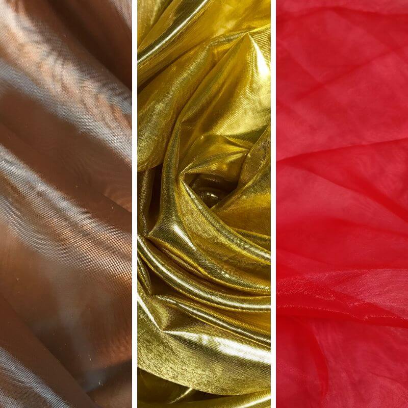 Close-up image of three different fabrics used in worship flags. The left panel shows sheer bronze fabric with subtle shimmer, the center panel displays metallic gold fabric with a rich, reflective surface, and the right panel features vibrant sheer red fabric with soft folds.