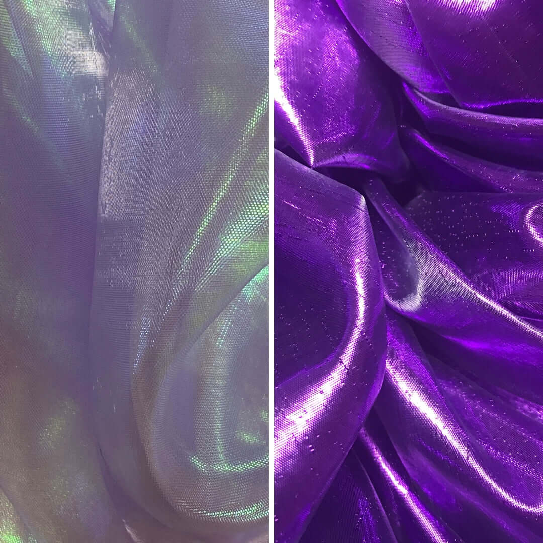 Side-by-side close-up of sheer lilac fabric with iridescent shimmer and deep metallic purple fabric, both with a glossy, flowing texture.