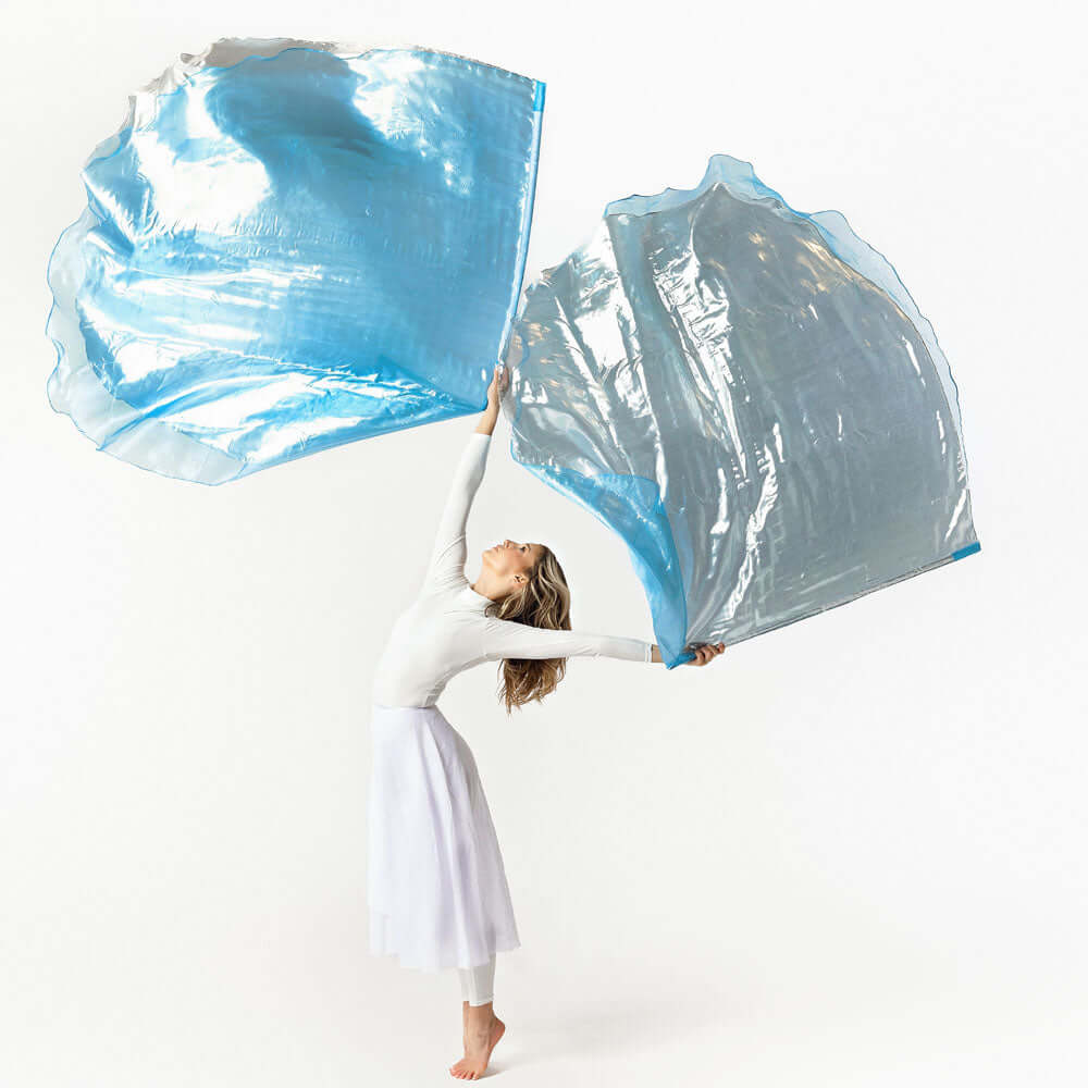 Double-layer blue and silver Amazing Grace worship flags flowing in movement