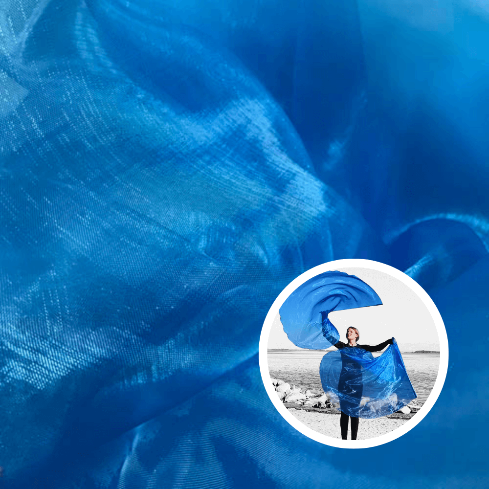 Flowing blue sheer fabric for DIY worship flags, symbolizing grace, mercy, prophecy, and revelation. Inset shows worshipper lifting angel wing praise flags.