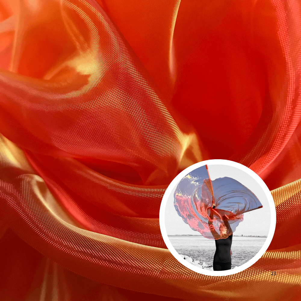 Flowing orange sheer fabric for DIY worship flags, symbolizing breakthrough, passion, and prophetic fire. Inset shows worshipper waving angel wing praise flags.