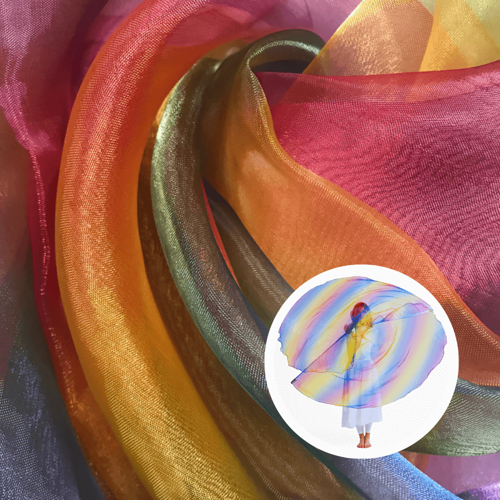 Flowing rainbow sheer fabric for DIY worship flags, symbolizing God’s promises, covenant, and unity. Inset shows worshipper waving vibrant angel wing praise flags.
