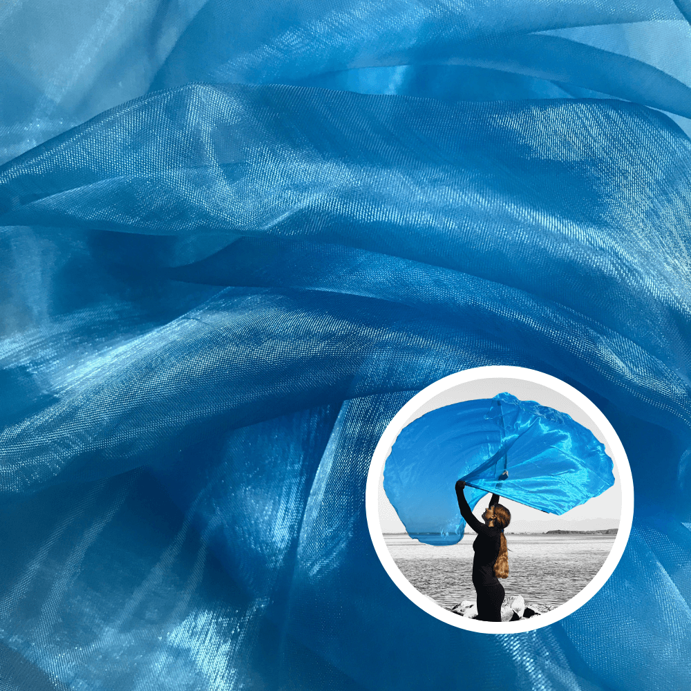 Flowing light blue sheer fabric for DIY worship flags, symbolizing peace, revelation, and God's presence. Inset shows worshipper waving angel wing praise flags.