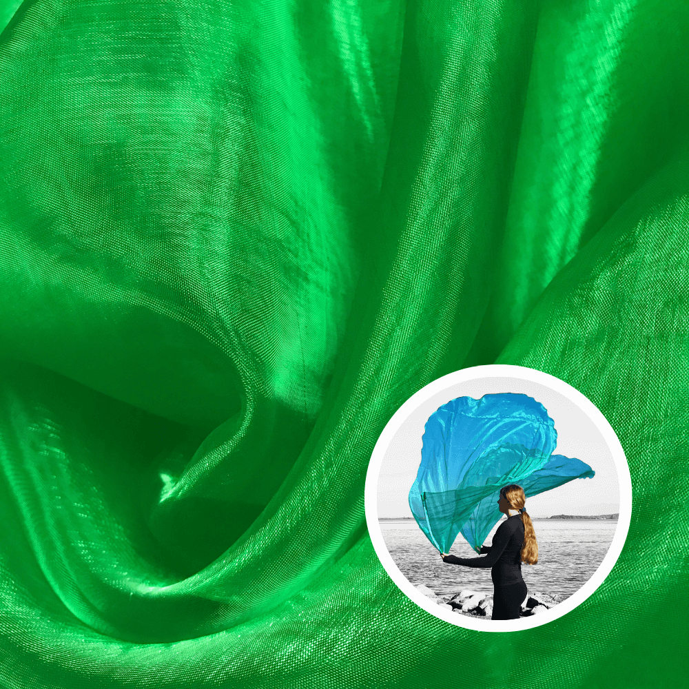 Flowing green sheer fabric for DIY worship flags, symbolizing healing, new life, and spiritual growth. Inset shows worshipper waving angel wing flags by the water.