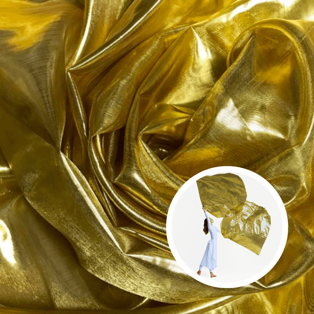 Shiny gold metallic fabric for DIY worship flags, symbolizing God's glory, majesty, and purity. Inset shows dancer lifting gold angel wing praise flags in worship.