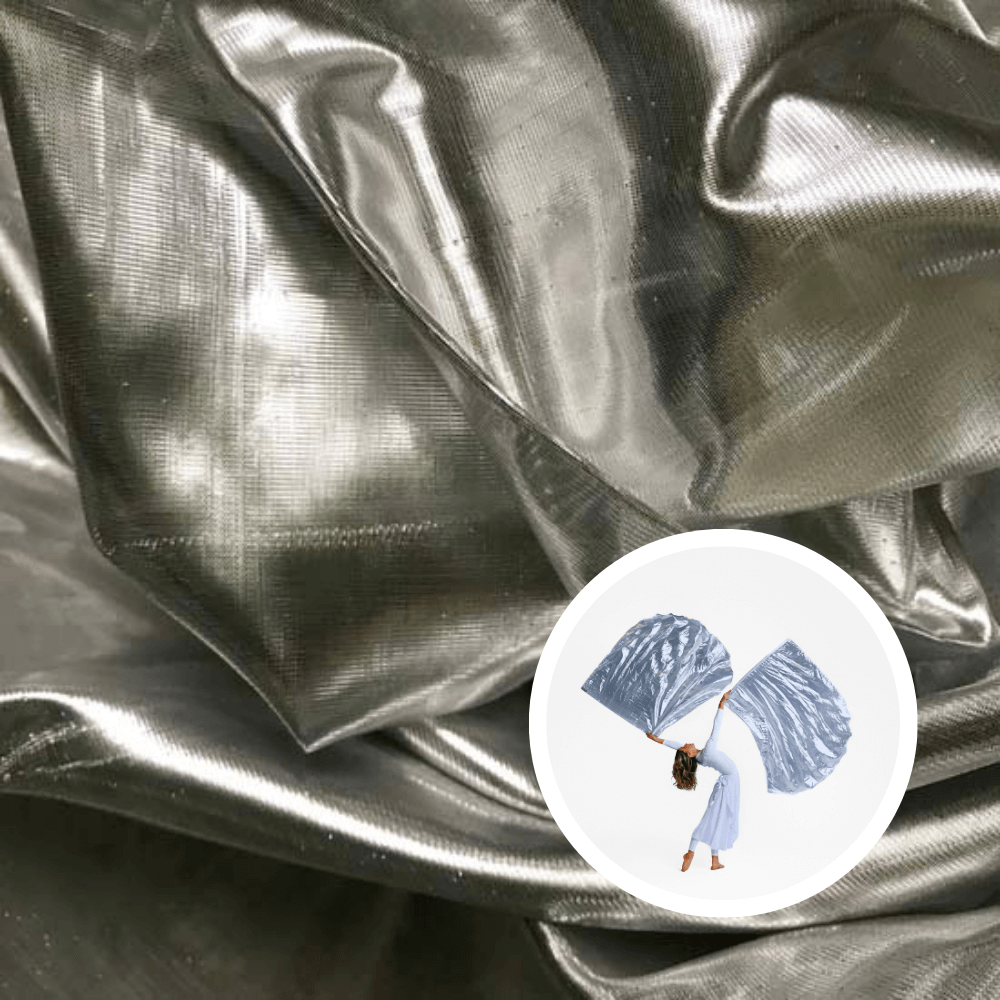 Shimmering silver metallic fabric for DIY worship flags, representing redemption and the glory of God. Inset shows dancer with silver angel wing praise flags.