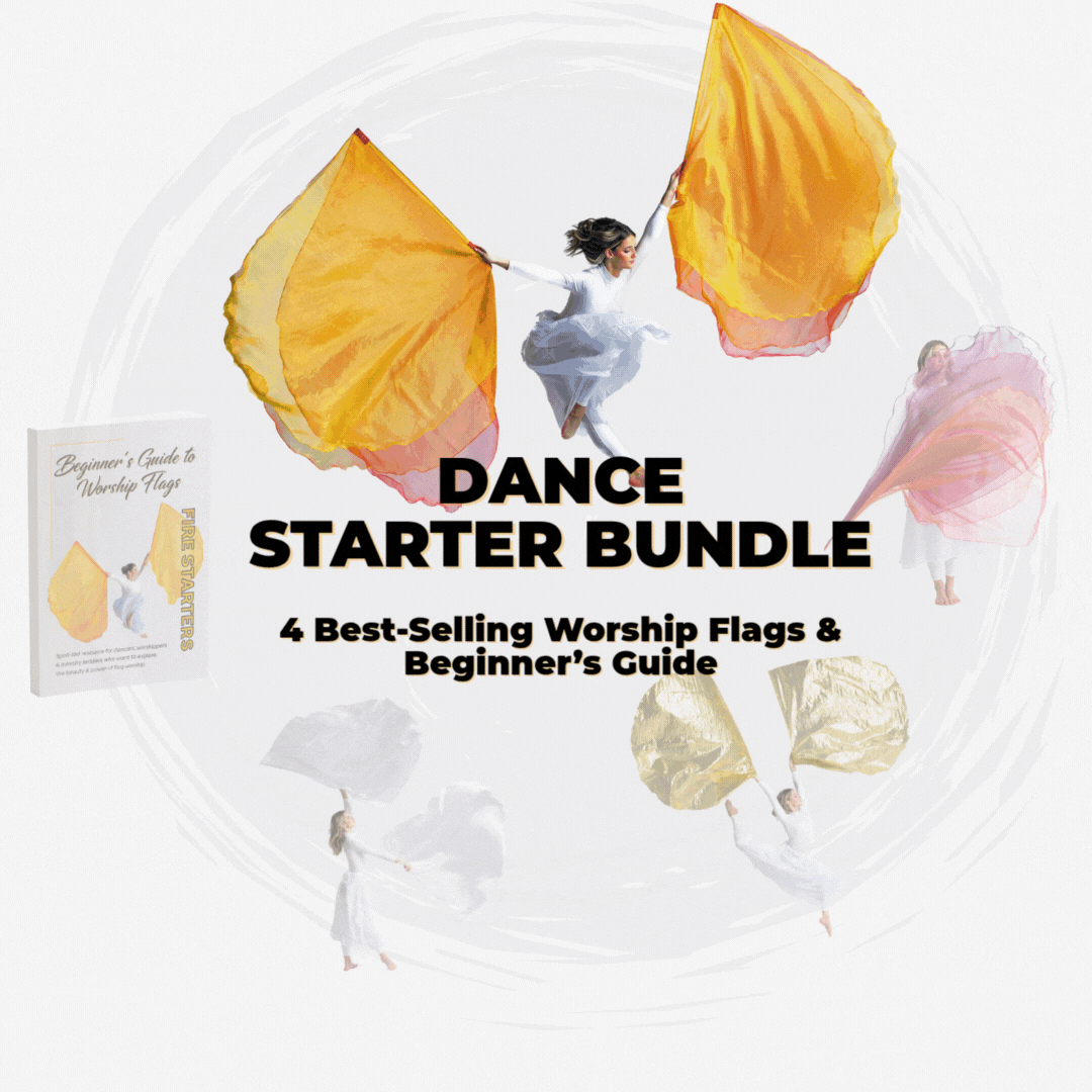 Dance Starter Bundle with 4 best-selling worship flags and Beginner’s Guide book. Perfect for new dancers and creative worship teams.