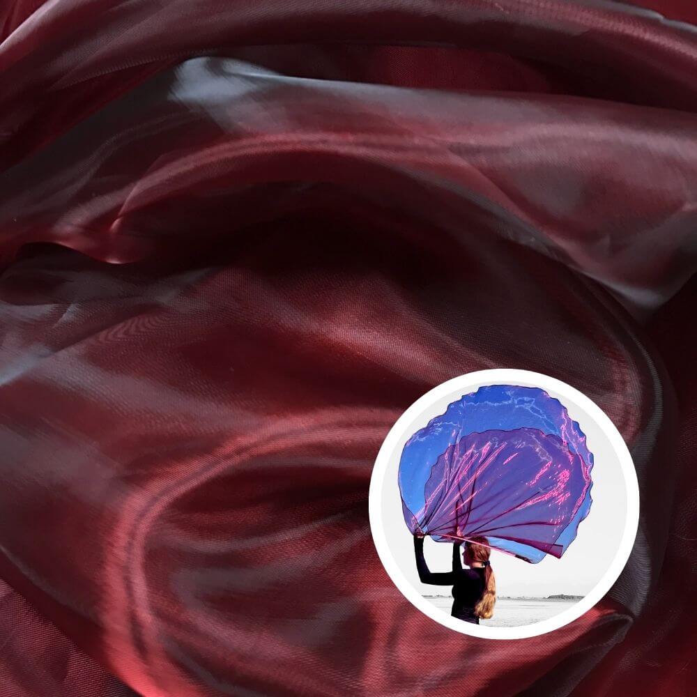 Flowing wine-colored sheer fabric for DIY worship flags, symbolizing new wine, covenant, joy, and restoration. Inset shows worshipper waving angel wing praise flags.