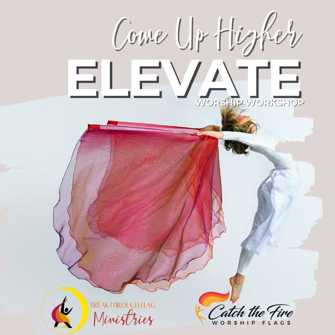 Dancer with flowing handmade worship flags, elevating praise through prophetic movement in the 'Come Up Higher' workshop.