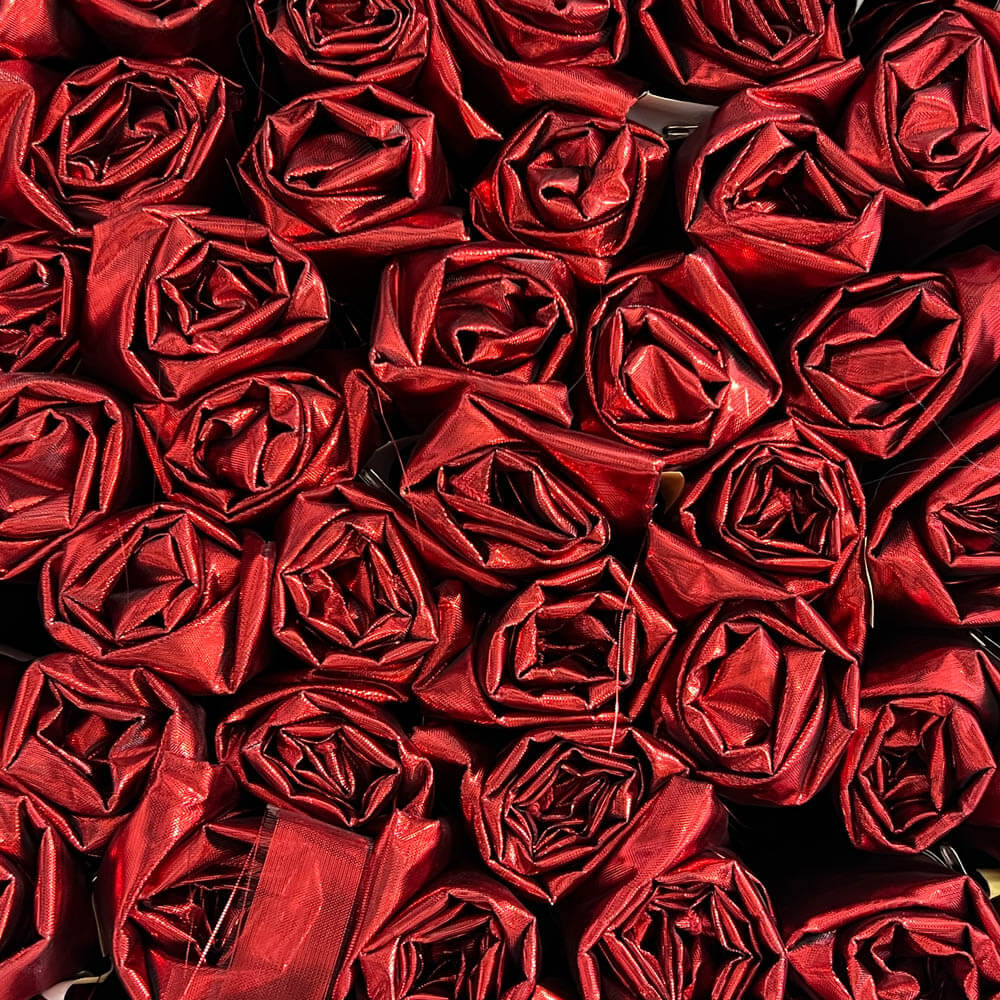 Red metallic pre-cut fabric for DIY praise & worship flags; perfect for layering and beginners.