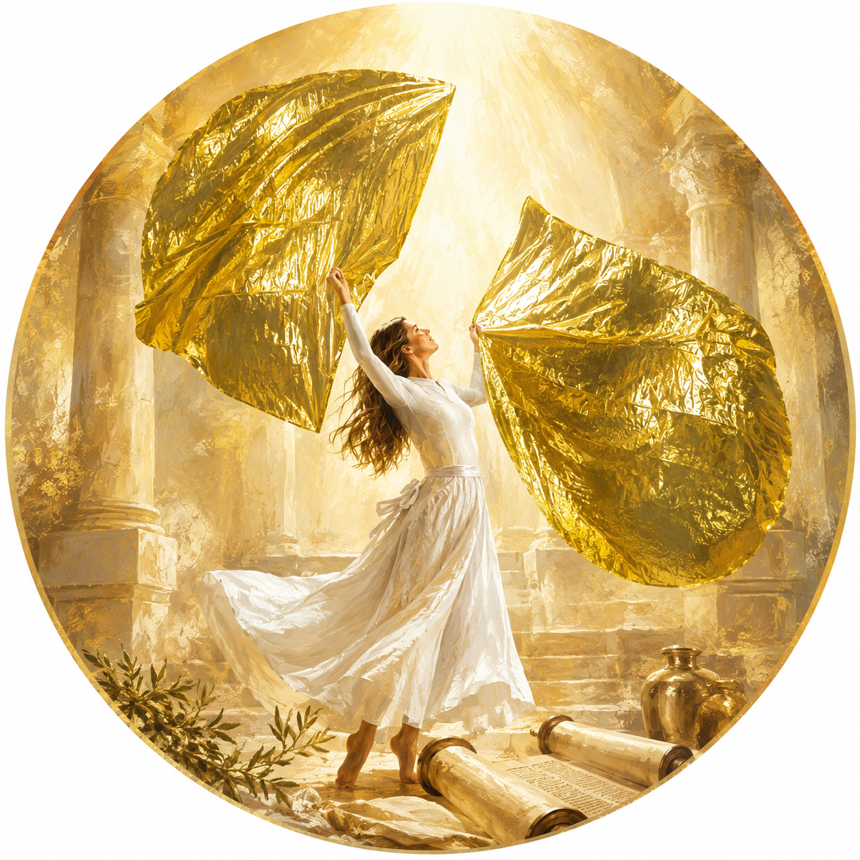 Circular painterly image of a woman lifting gold worship flags beside ancient Scripture scrolls, illustrating the question are worship flags biblical and a free guide to 52 Bible verses, Hebrew meanings, banners, and prophetic worship.