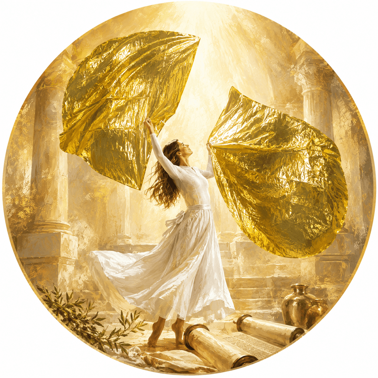 Circular painterly image of a woman lifting gold worship flags beside ancient Scripture scrolls, illustrating the question are worship flags biblical and a free guide to 52 Bible verses, Hebrew meanings, banners, and prophetic worship.