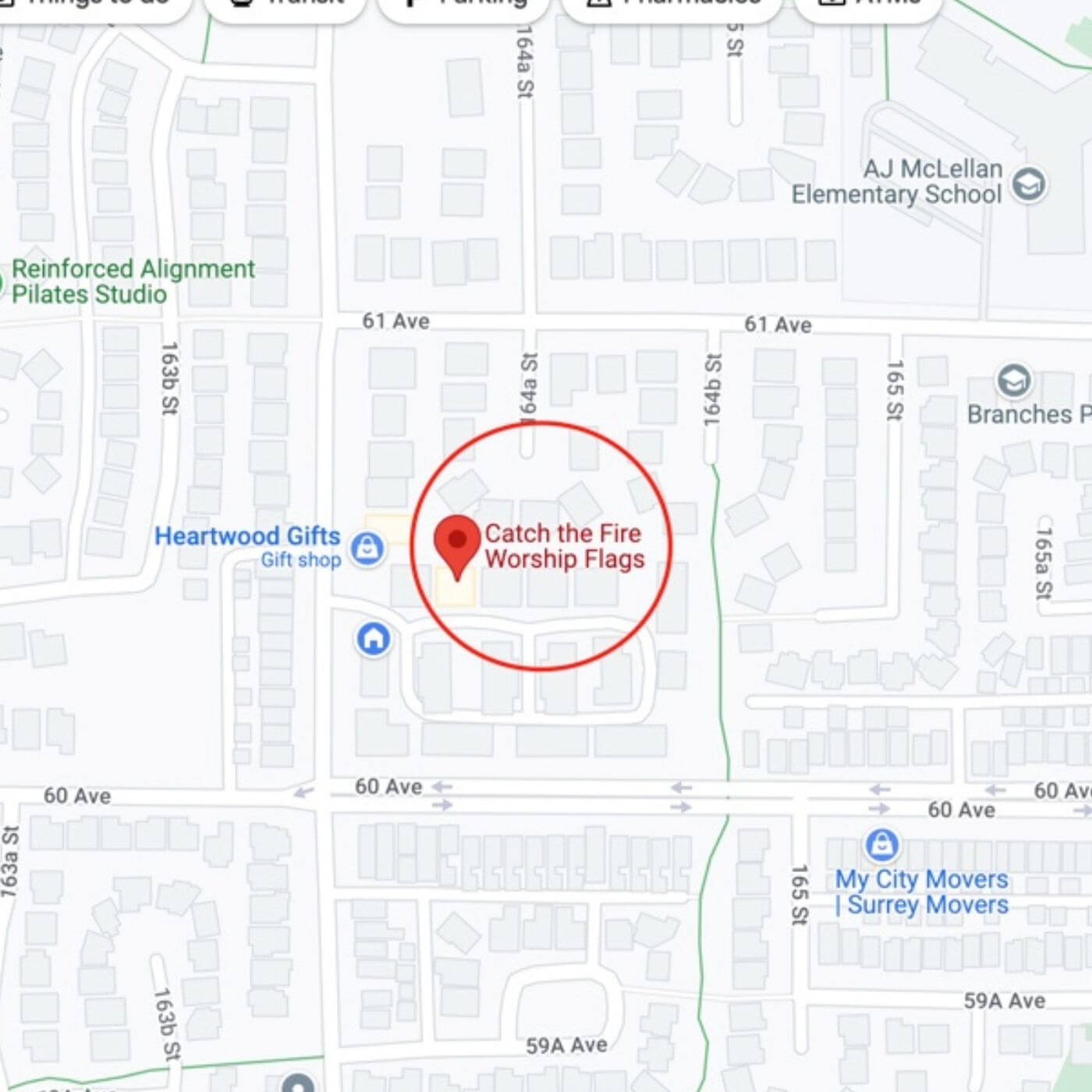 Google map displaying Catch the Fire Worship Flags’ Surrey, British Columbia location in a residential area near Heartwood Gifts — a Canadian base for handmade worship flags and prophetic resources.