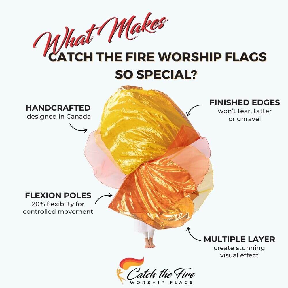 Consuming Fire worship dance flags from Catch the Fire Worship Flags with features including finished edges, perfect size, flexion poles, handcrafted, multiple layer