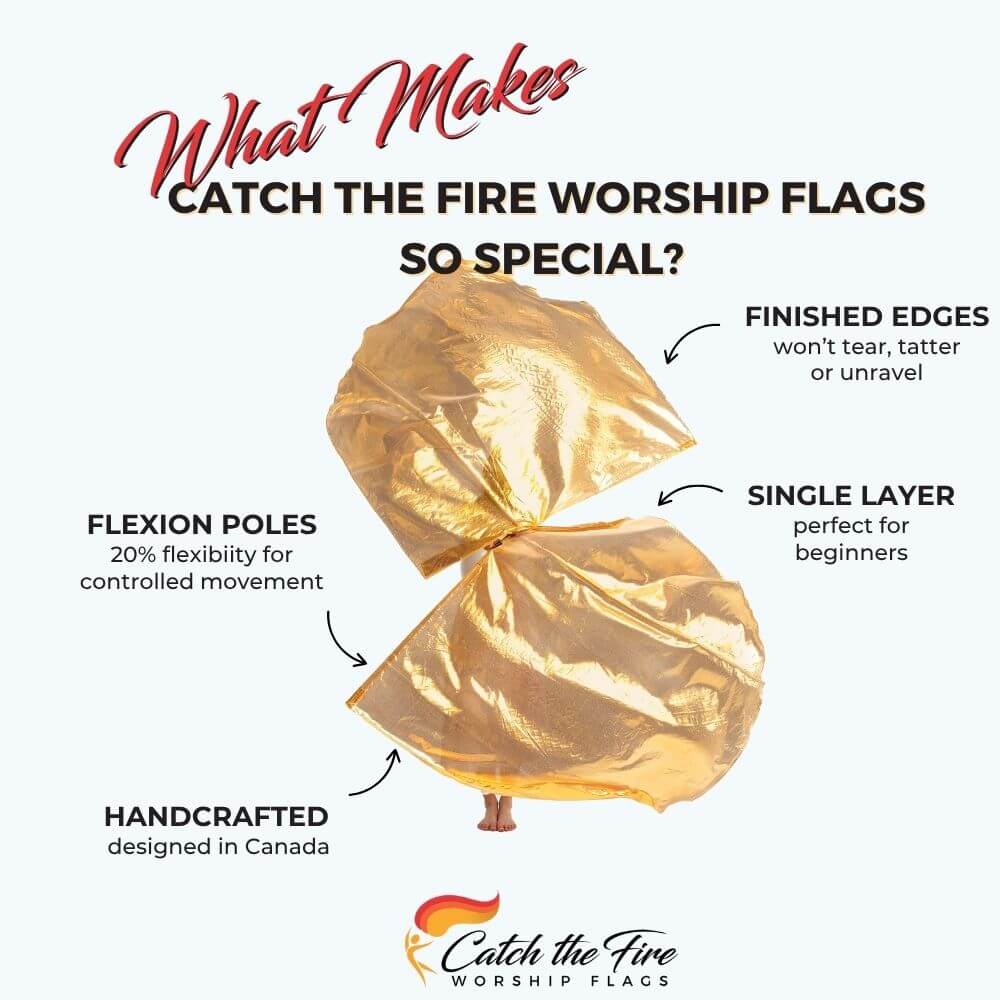 Copper Metallic flags from Catch the Fire Worship Flags with features including finished edges, perfect size, flexion poles, handcrafted, single layer for beginners or seasoned dancers