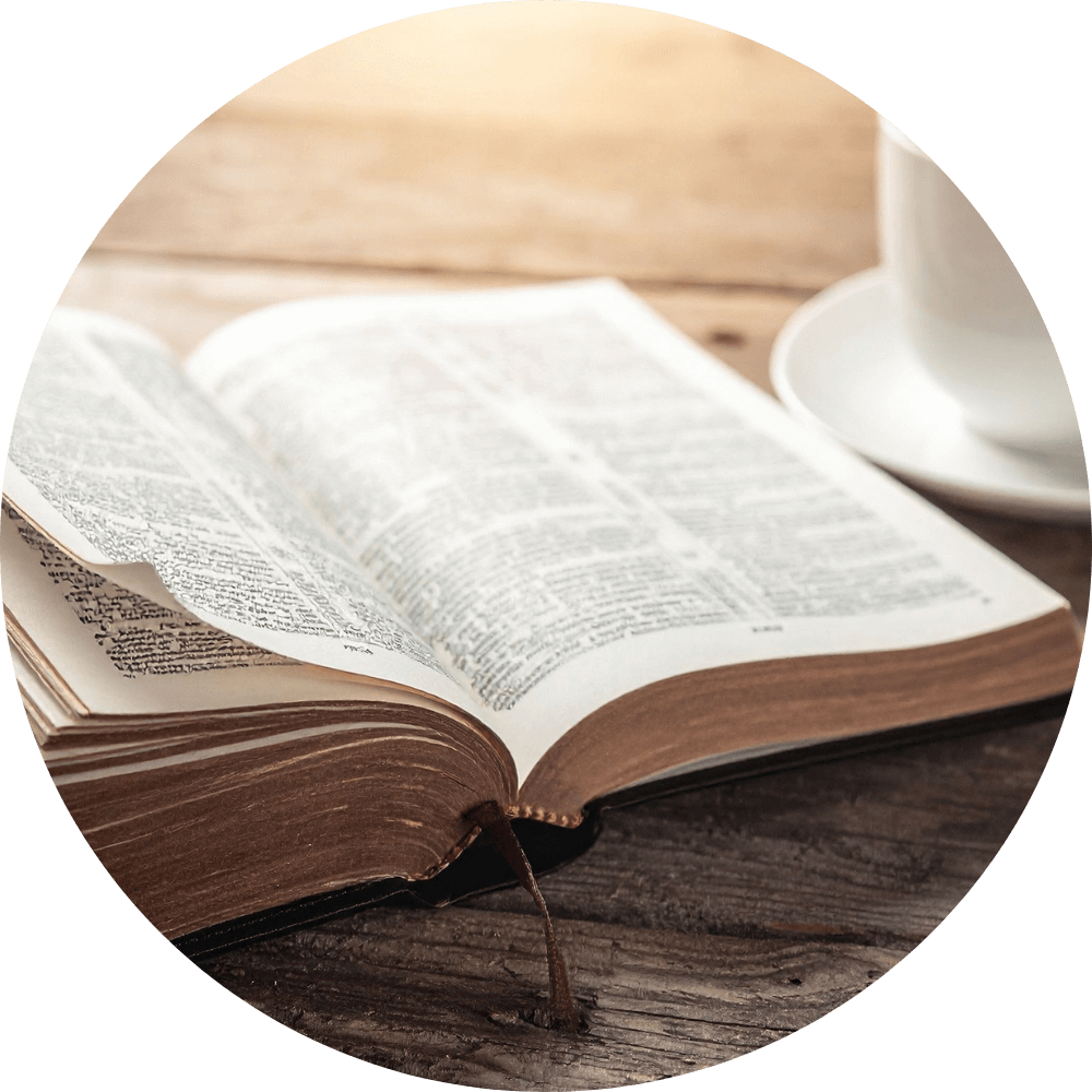 Open Bible on a wooden table with coffee cup, representing daily devotion, scripture reading, and spiritual preparation for worship warriors.