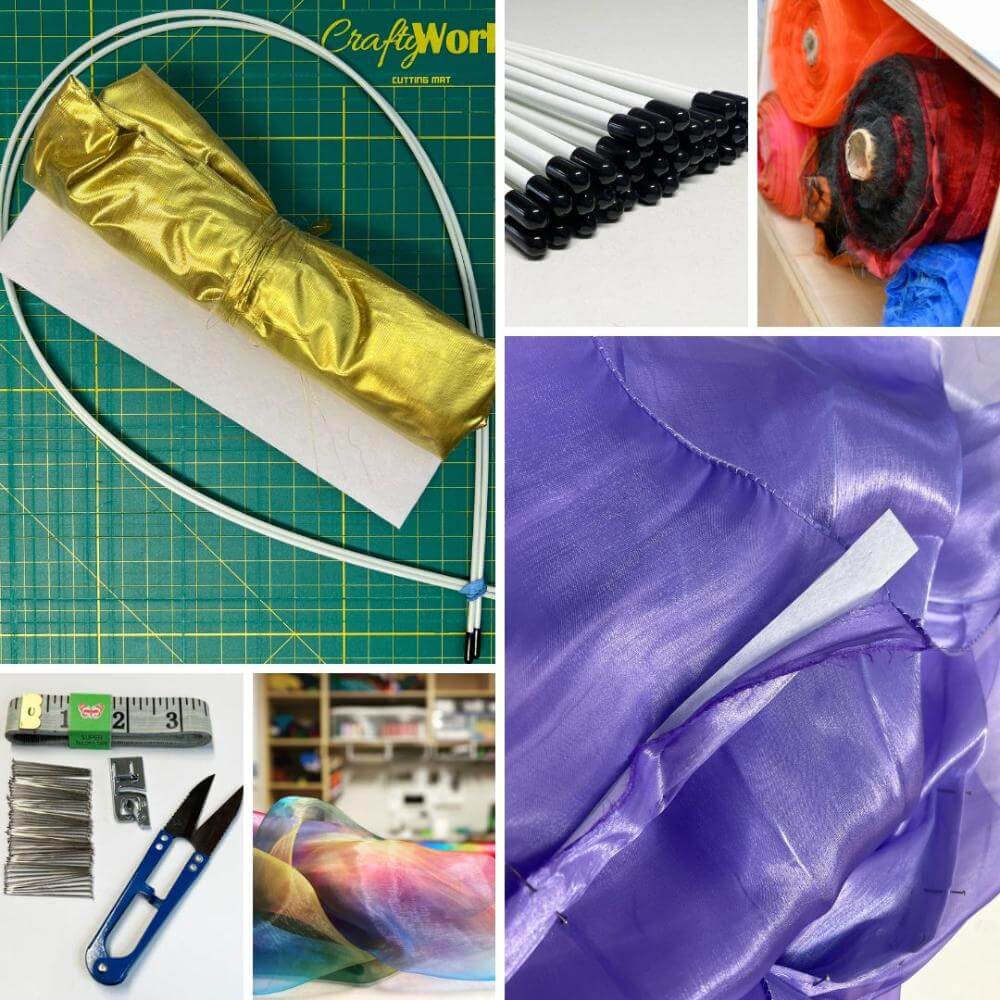 DIY worship flag making supplies including shimmer fabric, flex rods, sewing tools, and colorful flag materials. Ideal visual for handmade worship flag kits and creative flag-making tutorials.