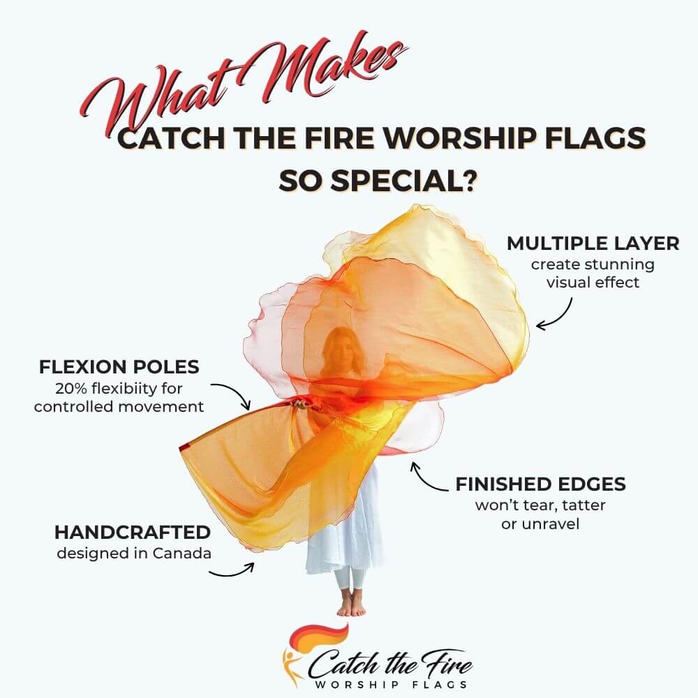 Fire worship dance flags from Catch the Fire Worship Flags with features including finished edges, perfect size, flexion poles, handcrafted, multiple layer