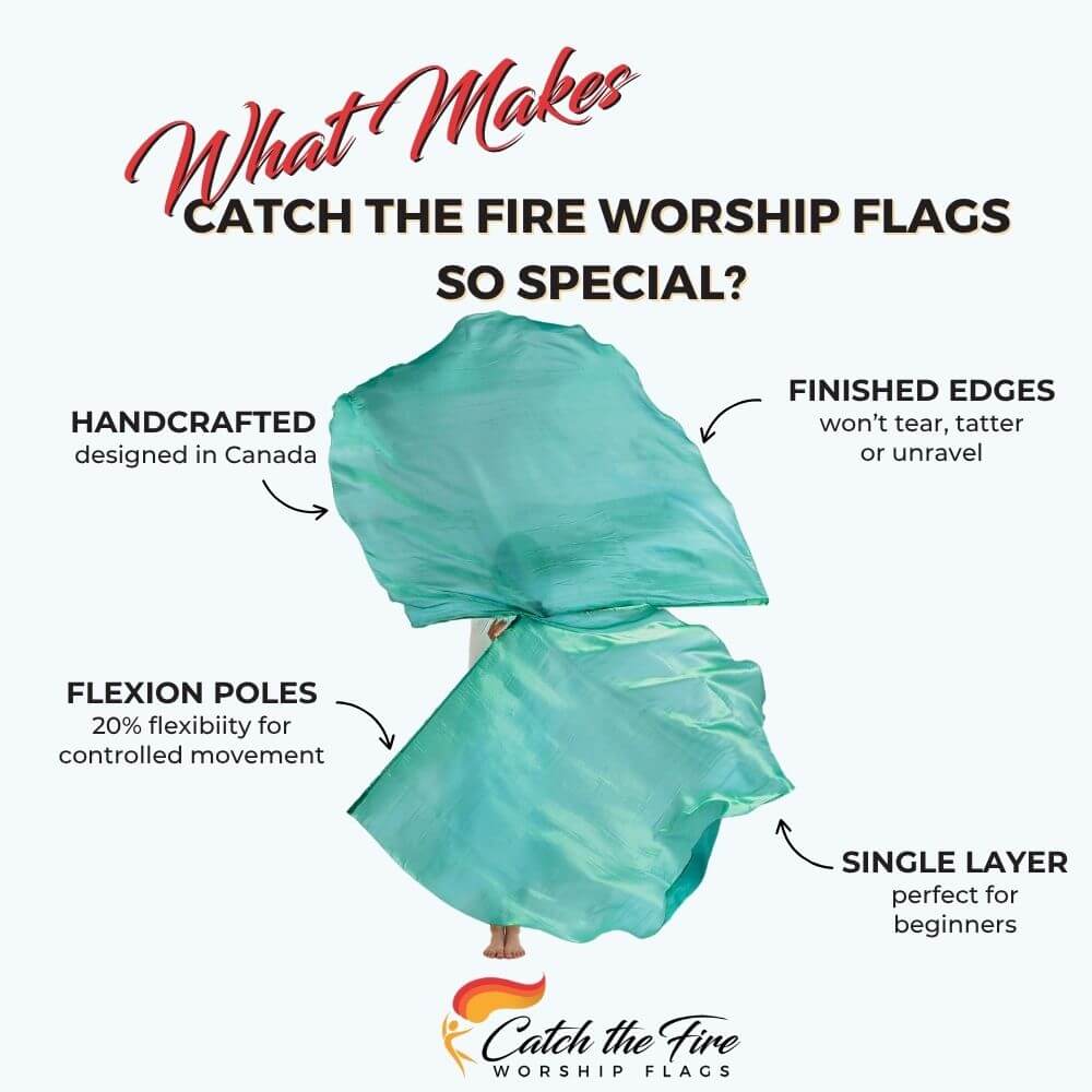 Green Shimmer flags from Catch the Fire Worship Flags with features including finished edges, perfect size, flexion poles, handcrafted, single layer for beginners or seasoned dancers