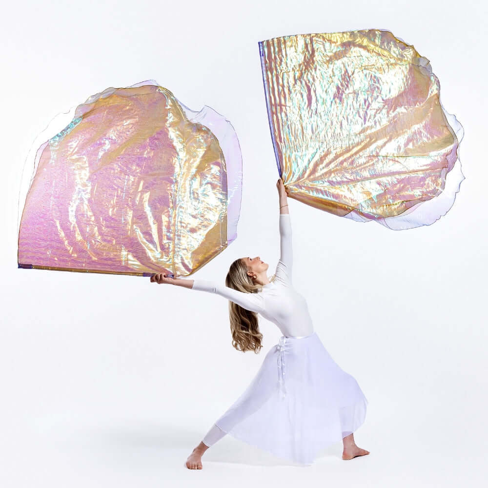Large Harp & Bowl triple-layer worship flags in movement, shimmering gold, crystal & lilac tones representing glory and the prayers of the saints, based on Revelation 5:8