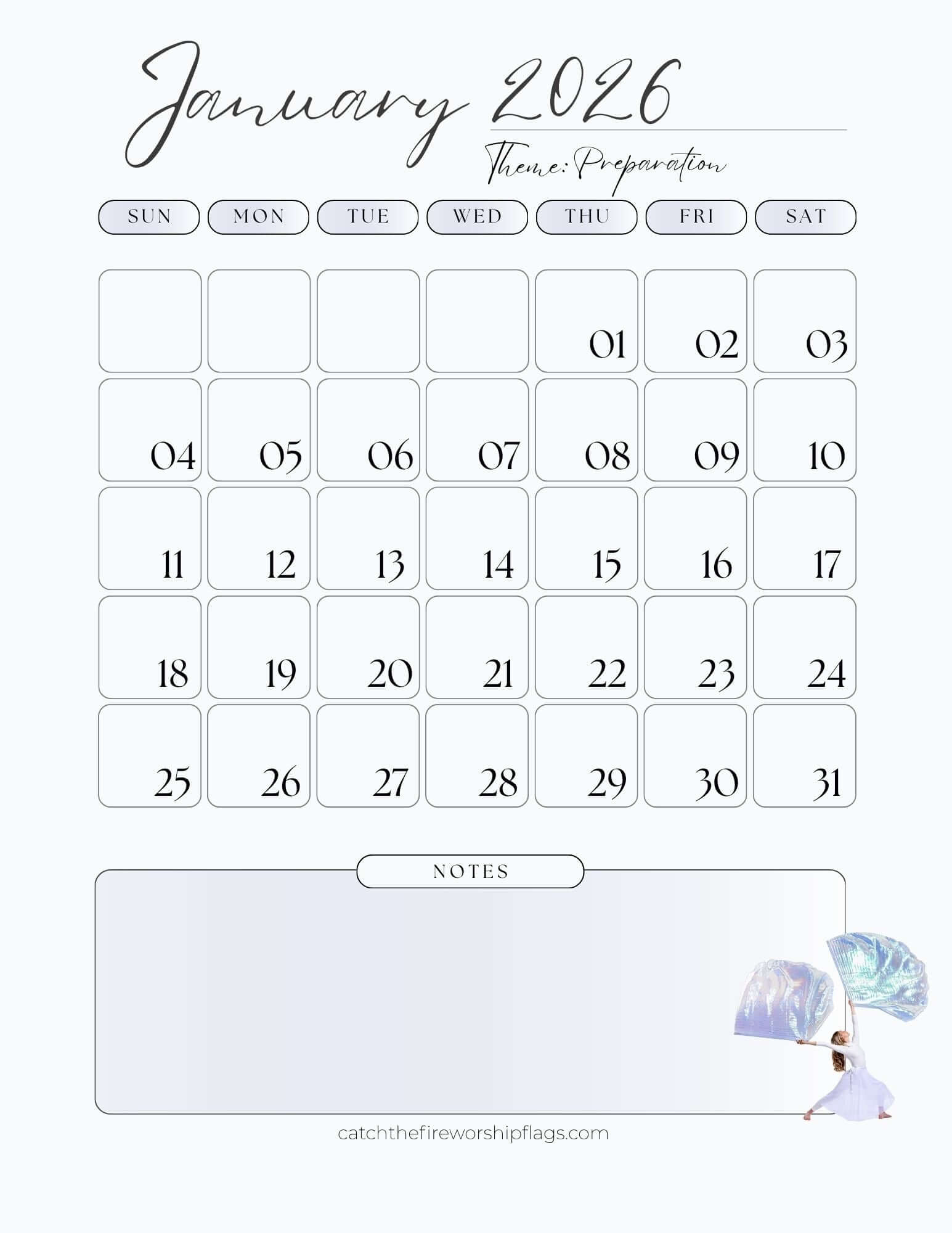 January 2026 monthly calendar spread with theme “Preparation,” clean layout, and notes section for prayer and planning.