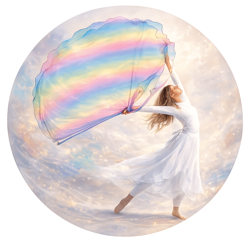 Circular painterly image of a worshipper lifting a flowing rainbow worship flag, illustrating the Prophetic Color Meanings Guide for Worship Flags and the biblical significance of color in intentional, Spirit-led worship.